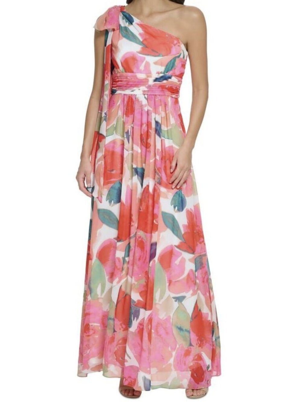 Eliza J Floral One Shoulder Bow Tie Maxi Dress Formal Chiffon Gown Sz 6 NWT